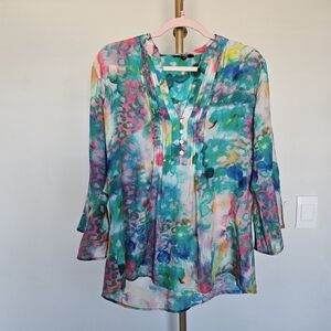 LIOR PARIS Tunic Top Womens M Colorful Animal Print Sheer Blouse PinTuck Blouse.
